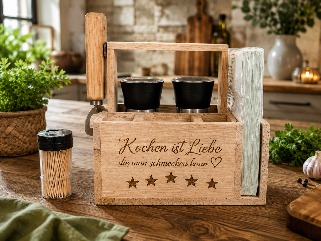 Handgemachter Holzbesteckkorb mit Wunschgravur – Praktisch, Persönlich & Stilvoll