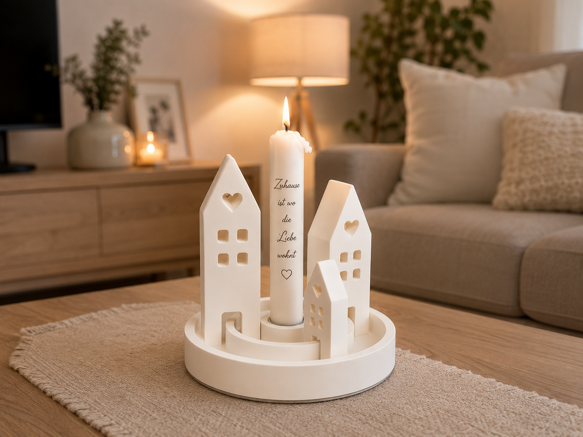 🏡 Hand-cast plaster candle holder with houses 🕯️