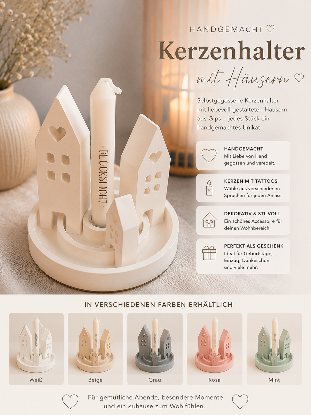 🏡 Hand-cast plaster candle holder with houses 🕯️